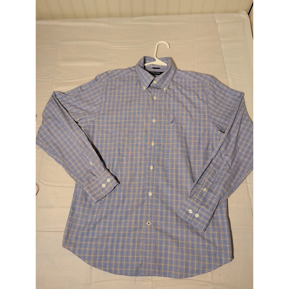 Nautica Slim Fit Mens Blue Plaid Wrinkle Resistant Button Down Shirt Medium M
